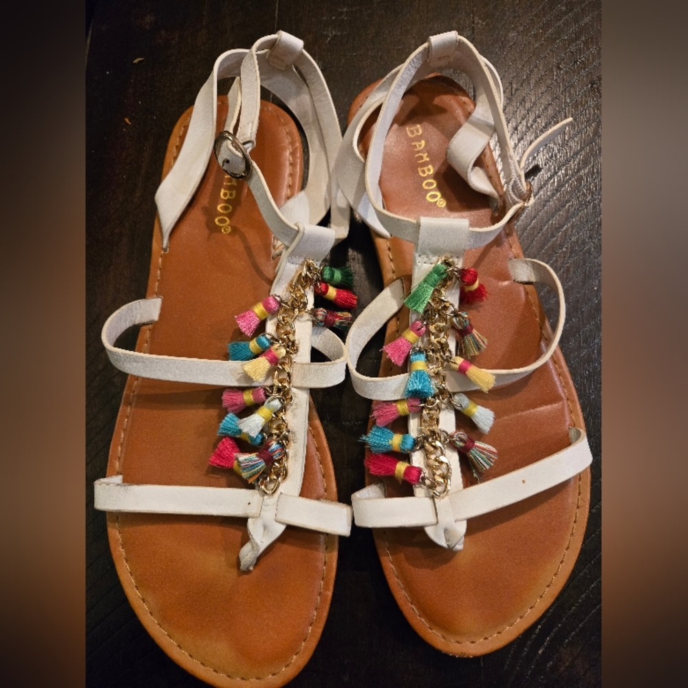 Bamboo Women's White Sandals with Colorful Tassels